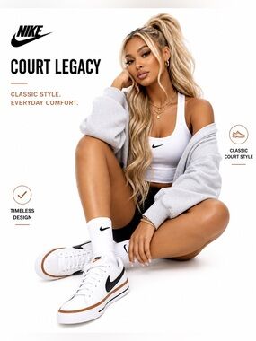 Nike Court Legacy White Black Brown Sneakers Youth 6.5  or Women’s 7.5 NWT